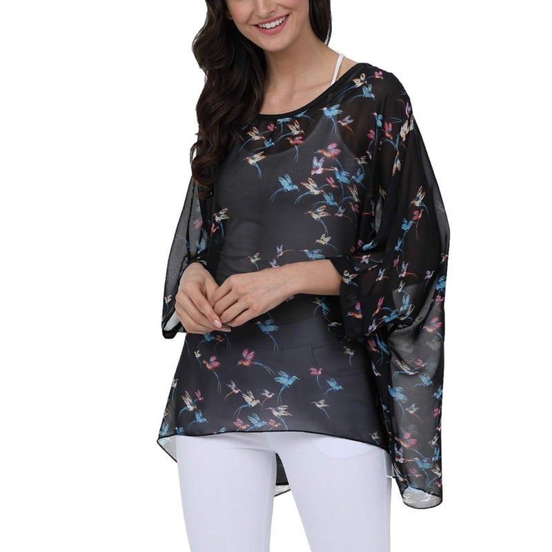 Ckikiou Plus Size Batwing Flowy Semi Sheer Chiffon Blouse Tunic for Women Summer Floral Print Boho Beach Cover ups - Image 3
